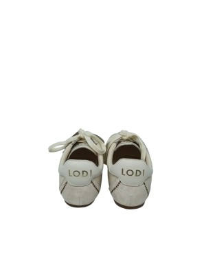 LODI SNEAKER LACCI IN NAPPA COLORE AVORIO CON RIPORTI IN CAMOSCIO IN TINTA E STRASSE E BORCHIE DORATE, FONDO GOMMA
