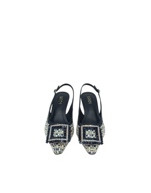 LODI CHANEL IN VITELLO E RAFIA COLORE BLU/MULTICOLOR, FIBBIONE STRASSATO, TACCO IN ABS IN TINTA, FONDINO GOMMA