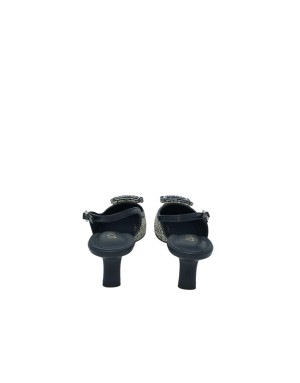 LODI CHANEL IN VITELLO E RAFIA COLORE BLU/MULTICOLOR, FIBBIONE STRASSATO, TACCO IN ABS IN TINTA, FONDINO GOMMA