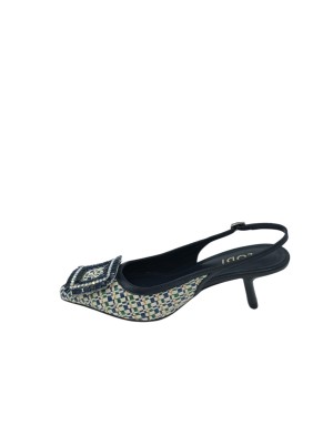 LODI CHANEL IN VITELLO E RAFIA COLORE BLU/MULTICOLOR, FIBBIONE STRASSATO, TACCO IN ABS IN TINTA, FONDINO GOMMA