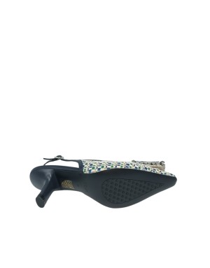 LODI CHANEL IN VITELLO E RAFIA COLORE BLU/MULTICOLOR, FIBBIONE STRASSATO, TACCO IN ABS IN TINTA, FONDINO GOMMA