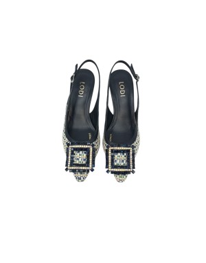 LODI CHANEL IN VITELLO E RAFIA COLORE BLU/MULTICOLOR, FIBBIONE STRASSATO, TACCO IN ABS IN TINTA, FONDINO GOMMA