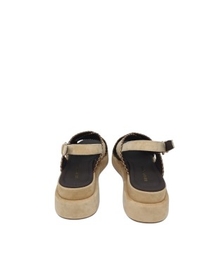 BRUNO PREMI SANDALO DUE FASCE IM CAMOSCIO COLORE TAUPE CON IMPUNTURE IN VITELLO LAMINATO RAME, ZEPPA FASCIATA 5,5 CM