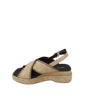 BRUNO PREMI SANDALO DUE FASCE IM CAMOSCIO COLORE TAUPE CON IMPUNTURE IN VITELLO LAMINATO RAME, ZEPPA FASCIATA 5,5 CM