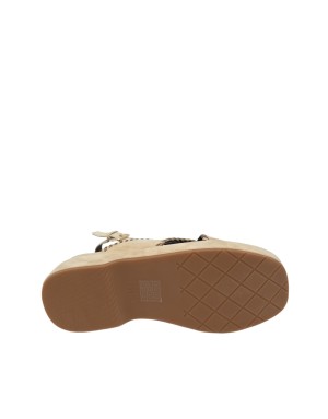 BRUNO PREMI SANDALO DUE FASCE IM CAMOSCIO COLORE TAUPE CON IMPUNTURE IN VITELLO LAMINATO RAME, ZEPPA FASCIATA 5,5 CM