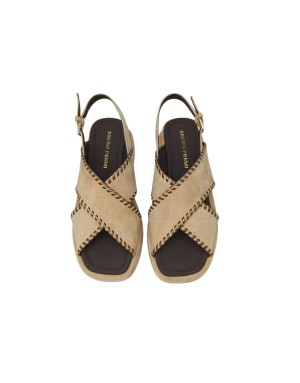 BRUNO PREMI SANDALO DUE FASCE IM CAMOSCIO COLORE TAUPE CON IMPUNTURE IN VITELLO LAMINATO RAME, ZEPPA FASCIATA 5,5 CM