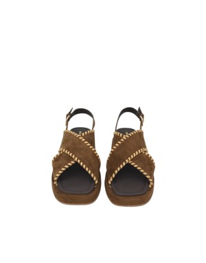 BRUNO PREMI SANDALO DUE FASCE IM CAMOSCIO COLORE TABACCO CON IMPUNTURE IN VITELLO CUOIO, ZEPPA FASCIATA 5,5 CM