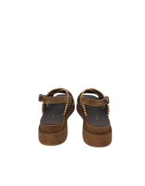 BRUNO PREMI SANDALO DUE FASCE IM CAMOSCIO COLORE TABACCO CON IMPUNTURE IN VITELLO CUOIO, ZEPPA FASCIATA 5,5 CM