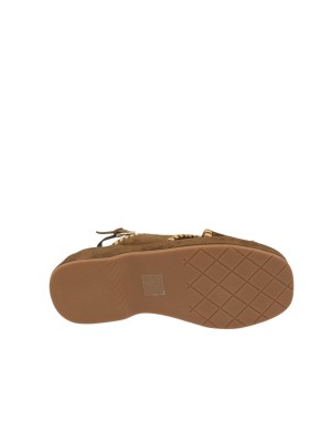 BRUNO PREMI SANDALO DUE FASCE IM CAMOSCIO COLORE TABACCO CON IMPUNTURE IN VITELLO CUOIO, ZEPPA FASCIATA 5,5 CM