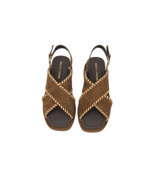 BRUNO PREMI SANDALO DUE FASCE IM CAMOSCIO COLORE TABACCO CON IMPUNTURE IN VITELLO CUOIO, ZEPPA FASCIATA 5,5 CM