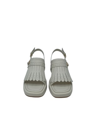 BRUNO PREMI SANDALO DUE FASCE CON FRANGIA CENTRALE E FIBBIETTA LATERALE, TOMAIA IN VITELLO COLORE BURRO, ZEPPA FASCIATA 5,5 CM