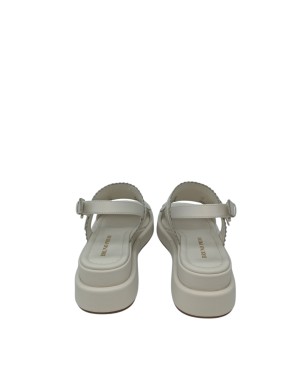 BRUNO PREMI SANDALO DUE FASCE CON FRANGIA CENTRALE E FIBBIETTA LATERALE, TOMAIA IN VITELLO COLORE BURRO, ZEPPA FASCIATA 5,5 CM