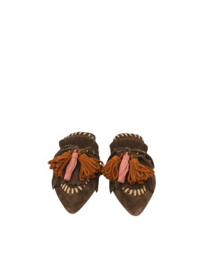 BRUNO PREMI SABOT IN CAMOSCIO COLORE BROWN CON FRANGIA IN TINTA ED ACCESSORI MULTICOLOR, INSERTI IN VITELLO CUOIO, FONDINO GOMM