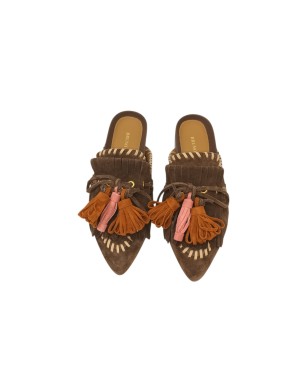 BRUNO PREMI SABOT IN CAMOSCIO COLORE BROWN CON FRANGIA IN TINTA ED ACCESSORI MULTICOLOR, INSERTI IN VITELLO CUOIO, FONDINO GOMM