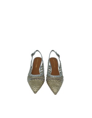 BRUNO PREMI CHANEL INTRECCIATO IN LAMINATO COLORE ORO-ARGENTO, TACCO IN ABS 6,5CM, FONDINO GOMMA