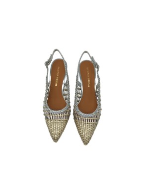 BRUNO PREMI CHANEL INTRECCIATO IN LAMINATO COLORE ORO-ARGENTO, TACCO IN ABS 6,5CM, FONDINO GOMMA