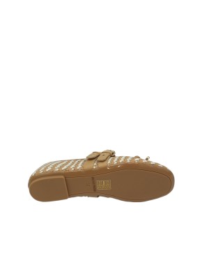 BRUNO PREMI BALLERINA DOPPIO CINTURINO BORCHIATO, TOMAIA IN VITELLO INTRECCIATO COLORE GRANO-BURRO, FONDINO GOMMA 2CM