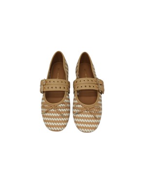 BRUNO PREMI BALLERINA DOPPIO CINTURINO BORCHIATO, TOMAIA IN VITELLO INTRECCIATO COLORE GRANO-BURRO, FONDINO GOMMA 2CM