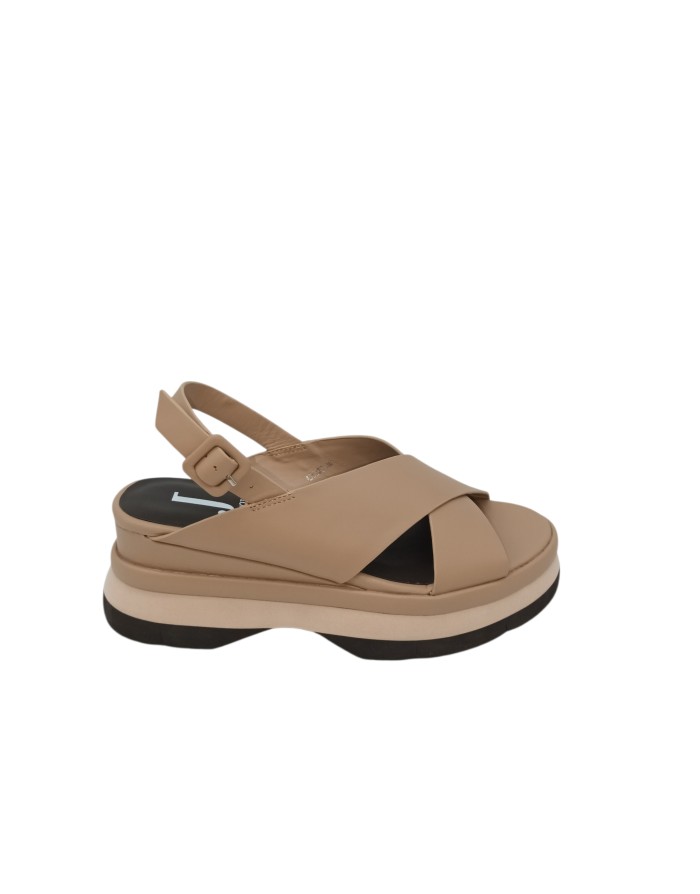 JEANNOT SANDALO DUE FASCE INCROCIATE IN NAPPA COLORE SABBIA, FONDO ZEPPA MICRO BICOLOR 7CM