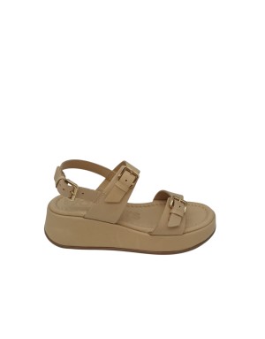 WONDERS SANDALO DUE FASCE CON FIBBIA REGOLABILE, TOMAIA IN VITELLO COLORE SABBIA, FONDO ZEPPA FASCIATA 5CM