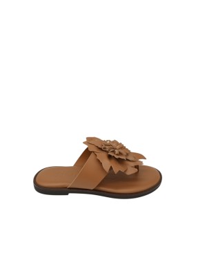 WONDERS SANDALO/CIABATTA INFRADITO IN VITELLO COLORE CUOIO, FIORE CENTRALE, FONDO GOMMA 1,5CM