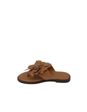 WONDERS SANDALO/CIABATTA INFRADITO IN VITELLO COLORE CUOIO, FIORE CENTRALE, FONDO GOMMA 1,5CM