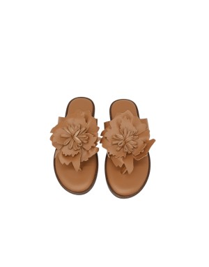 WONDERS SANDALO/CIABATTA INFRADITO IN VITELLO COLORE CUOIO, FIORE CENTRALE, FONDO GOMMA 1,5CM