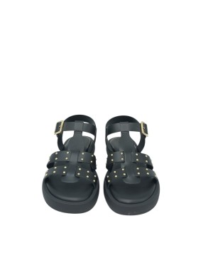 WONDERS SANDALO RAGNETTO IN VITELLO COLORE NERO CON BORCHIETTE DORATE, CINTURINO ALLA CAVIGLIA, FONDO GOMMA 3CM