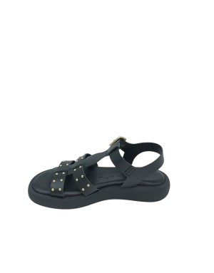 WONDERS SANDALO RAGNETTO IN VITELLO COLORE NERO CON BORCHIETTE DORATE, CINTURINO ALLA CAVIGLIA, FONDO GOMMA 3CM