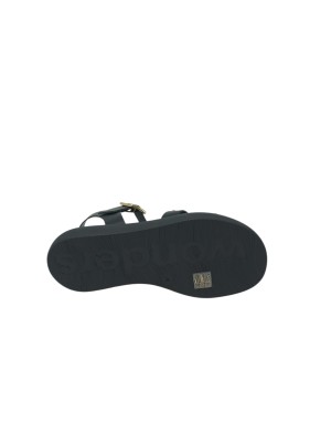 WONDERS SANDALO RAGNETTO IN VITELLO COLORE NERO CON BORCHIETTE DORATE, CINTURINO ALLA CAVIGLIA, FONDO GOMMA 3CM