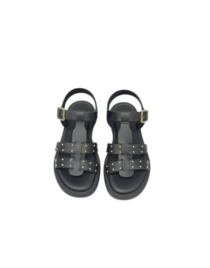 WONDERS SANDALO RAGNETTO IN VITELLO COLORE NERO CON BORCHIETTE DORATE, CINTURINO ALLA CAVIGLIA, FONDO GOMMA 3CM