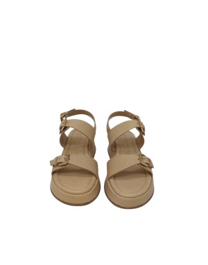 WONDERS SANDALO DUE FASCE CON FIBBIA REGOLABILE, TOMAIA IN VITELLO COLORE SABBIA, FONDO ZEPPA FASCIATA 5CM