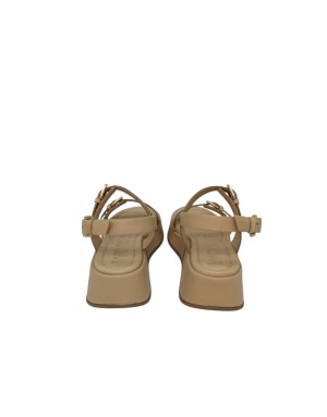 WONDERS SANDALO DUE FASCE CON FIBBIA REGOLABILE, TOMAIA IN VITELLO COLORE SABBIA, FONDO ZEPPA FASCIATA 5CM