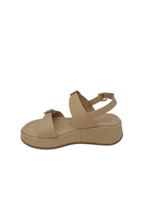 WONDERS SANDALO DUE FASCE CON FIBBIA REGOLABILE, TOMAIA IN VITELLO COLORE SABBIA, FONDO ZEPPA FASCIATA 5CM