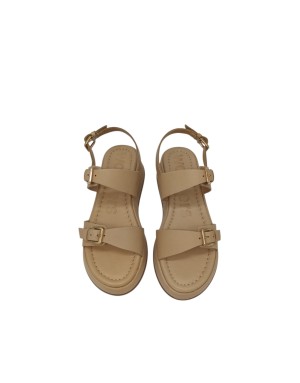 WONDERS SANDALO DUE FASCE CON FIBBIA REGOLABILE, TOMAIA IN VITELLO COLORE SABBIA, FONDO ZEPPA FASCIATA 5CM