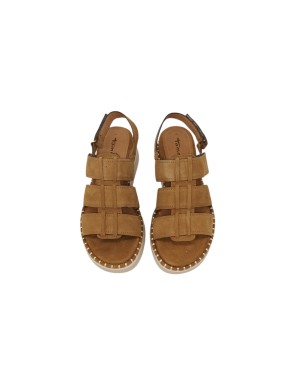 TAMARIS SANDALO RAGNETTO IN CAMOSCIO COLORE COGNAC, CINTURINO CON STRAPPO, GUARDOLO IMPUNTURATO, FONDO GOMMA 6CM