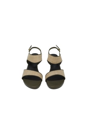 JEANNOT SANDALO DUE FASCE IN VITELLO COLORE VERDE E RAFIA NATURALE, TACCO IN ABS 7CM CON PLATEAU FASCIATO, FONDINO GOMMA