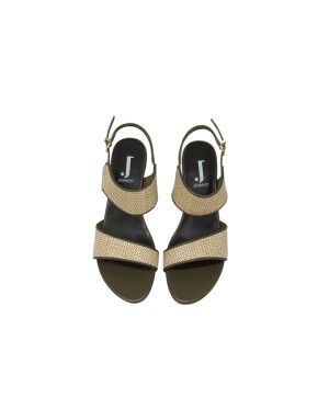 JEANNOT SANDALO DUE FASCE IN VITELLO COLORE VERDE E RAFIA NATURALE, TACCO IN ABS 7CM CON PLATEAU FASCIATO, FONDINO GOMMA