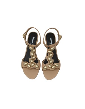 JEANNOT SANDALO CHARLESTON IN VITELLO COLORE SABBIA CON ACCESSORI A GOCCIA PLATINO, TACCO IN ABS 7CM CON PLATEAU FASCIATO, FOND