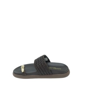 CHIARA LUCIANI INFRADITO IN VITELLO INTRECCIATO COLORE T.MORO, ACCESSORIO DORATO, FONDO GOMMA 4CM