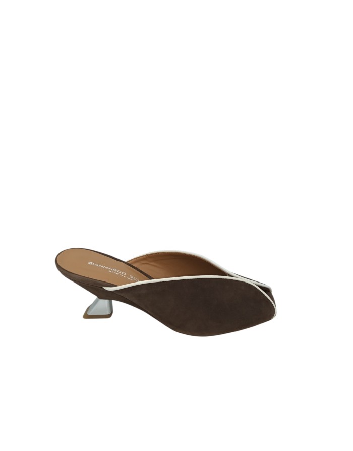 GIANMARCO SORELLI SABOT ACCOLLATO SPUNTATO, TOMAIA IN CAMOSCIO COLORE T.MORO CON PROFILO IN VITELLO PANNA, TACCO A CONO CAMOSCI