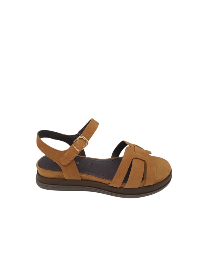 TAMARIS SANDALO RAGNETTO CON CINTURINO ALLA CAVIGLIA, TOMAIA IN CAMOSCIO COLORE COGNAC, FONDO ZEPPA GOMMA 3,5CM