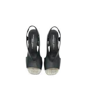 GIANMARCO SORELLI, SANDALO CON SCOLLO A V, TOMAIA IN VITELLO COLORE NERO CON SOTTOPIEDE A POIS, TACCO 8CM FASCIATO IN VERNICE N