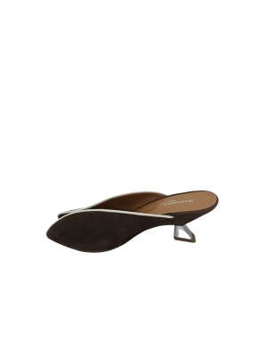 GIANMARCO SORELLI SABOT ACCOLLATO SPUNTATO, TOMAIA IN CAMOSCIO COLORE T.MORO CON PROFILO IN VITELLO PANNA, TACCO A CONO CAMOSCI