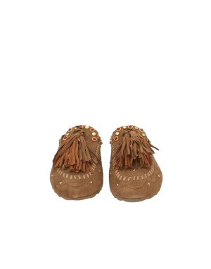 EKP SABOT IN CAMOSCIO COLORE CUOIO CON NAPPINE BICOLOR E NOTTOLINI DORATI CON PIETRE ROSSE, FONDO MICRO 3CM
