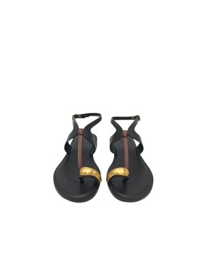DONNARI' SANDALO INFRADITO IN VITELLO COLORE FONDENTE CON FASCETTA IN RASO CACAO E ACCESSORIO DORATO, TACCO 2CM, FONDO CUOIO