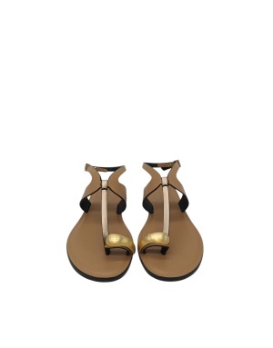 DONNARI' SANDALO INFRADITO IN VITELLO COLORE CAMEL CON FASCETTA IN RASO PLATINO E ACCESSORIO DORATO, TACCO 2CM, FONDO CUOIO