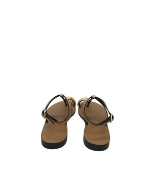 DONNARI' SANDALO INFRADITO IN VITELLO COLORE CAMEL CON FASCETTA IN RASO PLATINO E ACCESSORIO DORATO, TACCO 2CM, FONDO CUOIO