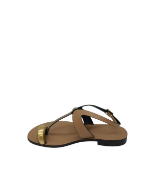DONNARI' SANDALO INFRADITO IN VITELLO COLORE CAMEL CON FASCETTA IN RASO PLATINO E ACCESSORIO DORATO, TACCO 2CM, FONDO CUOIO